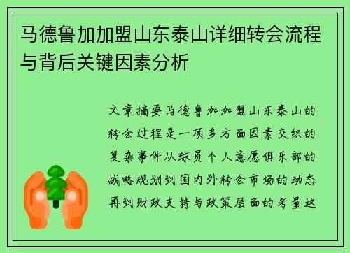 马德鲁加加盟山东泰山详细转会流程与背后关键因素分析
