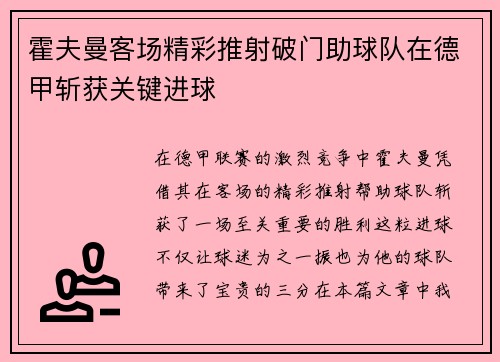 霍夫曼客场精彩推射破门助球队在德甲斩获关键进球