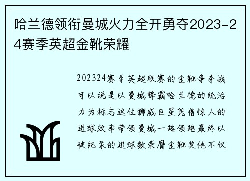 哈兰德领衔曼城火力全开勇夺2023-24赛季英超金靴荣耀 哈兰德领衔曼城火力全开勇夺2023-24赛季英超金靴荣耀